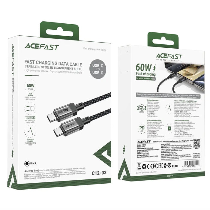 Acefast C12 USB-C / USB-C PD cable 60W 480Mb/with nylon braid - black - Cell phone cables<<<HurtelXML
