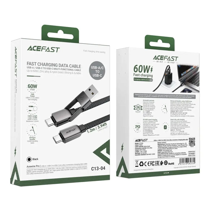 Acefast C13-04 USB-C - USB-A / USB-C Cable 480Mb/s 3A 1.2m - Black - *Temporary category<<<HurtelXML