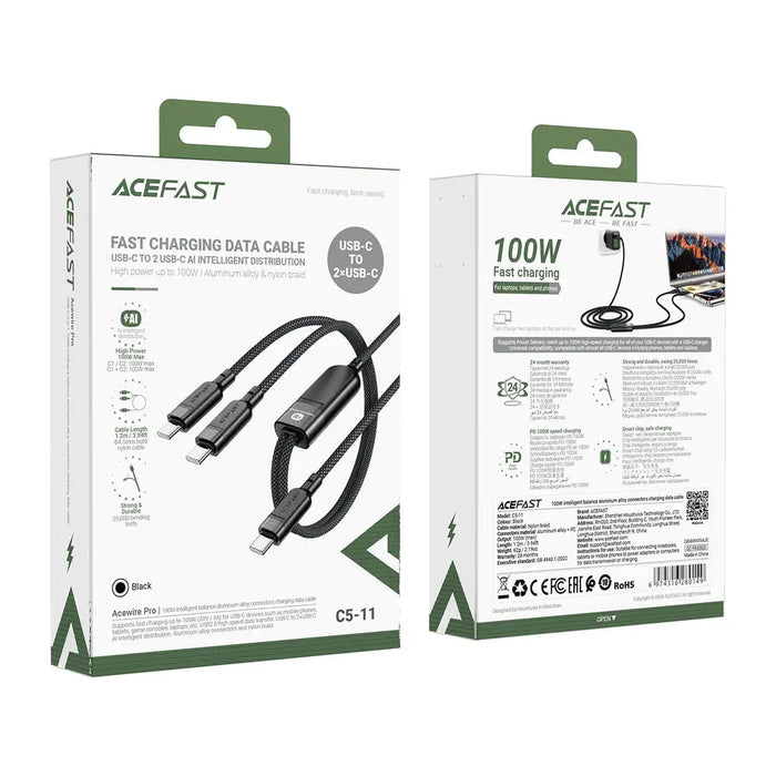 Acefast C5 USB-C - USB-C / USB-C 2in1 100W 480Mb/s cable - black - Cell phone cables<<<HurtelXML