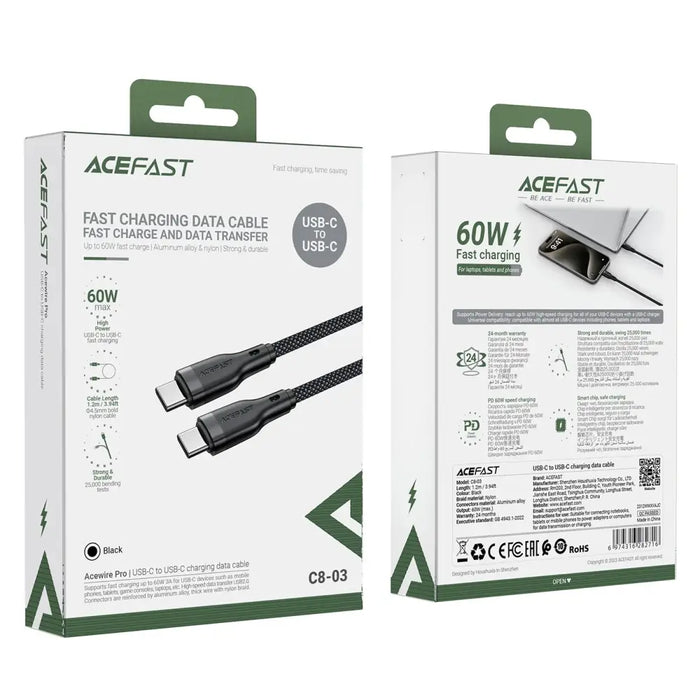 Acefast C8-03 USB-C / USB-C 60W 3A cable - black - Cell phone cables<<<HurtelXML
