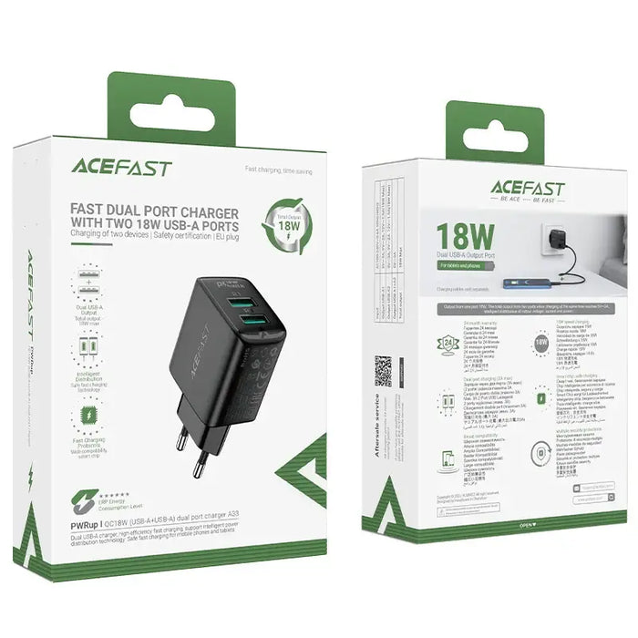 Acefast charger 2x USB 18W QC 3.0 AFC FCP black (A33 black) - Cell phone USB charger<<<HurtelXML
