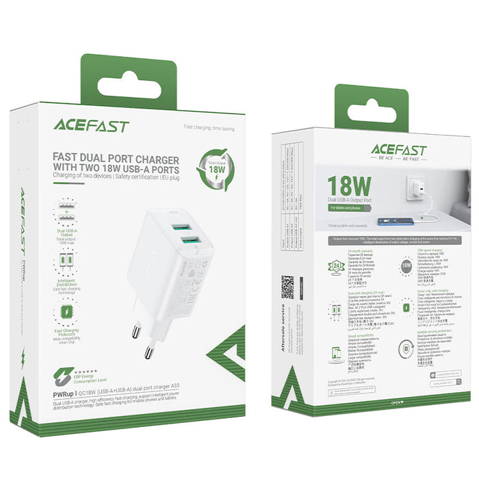 Acefast charger 2x USB 18W QC 3.0 AFC FCP white (A33 white) - Cell phone USB charger<<<HurtelXML