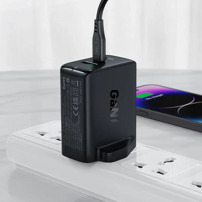 Acefast charger GaN 65W 3 ports (1xUSB 2xUSB C PD) UK plug black (A44) - Cell phone USB charger<<<HurtelXML