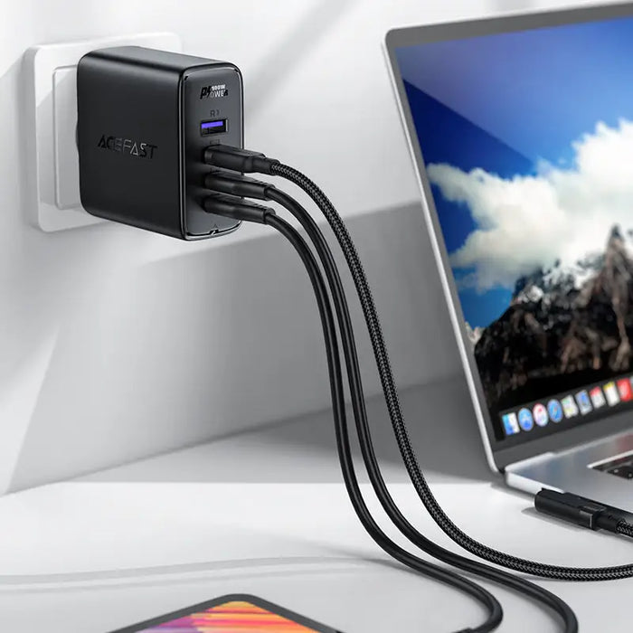 Acefast fast charger GaN 3xUSB-C/1xUSB-A 100W black + angled cable USB-C - USB-C 100W 2m black - Cell phone USB