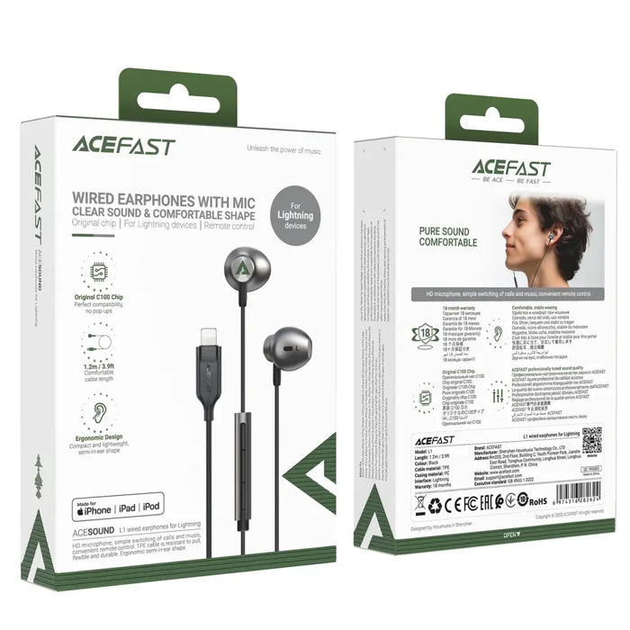 Acefast L1 in-ear headphones with Lightning connector microphone and remote control 1.2 m - black - Headphones