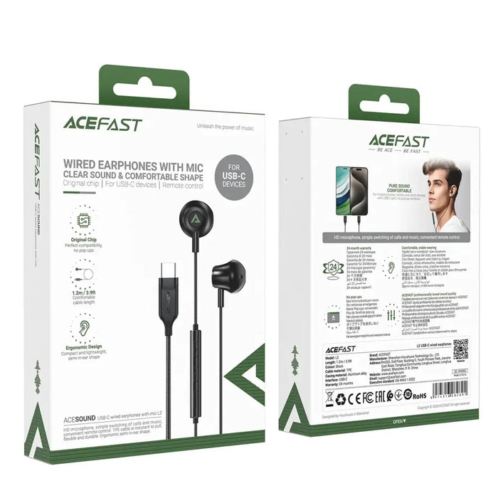 Acefast L2 in-ear headphones with USB-C connector microphone and remote control 1.2 m - black - Headphones