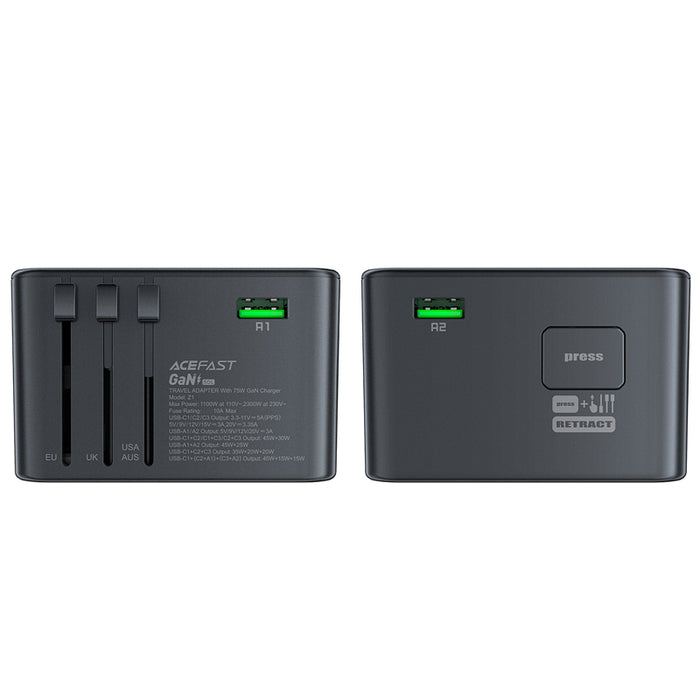 Acefast Z1 GaN 75W PD travel charger adapter 3x USB-C 2x USB-A - black