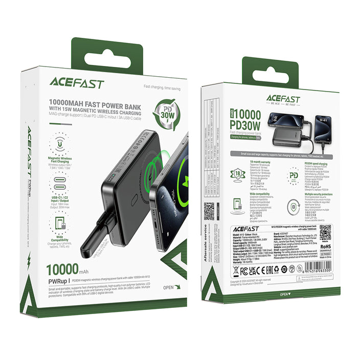 Powerbank Acefast M10 Magnetic 2x USB-C PD 30W with 15W Inductive Charging and USB-C Cable - Black