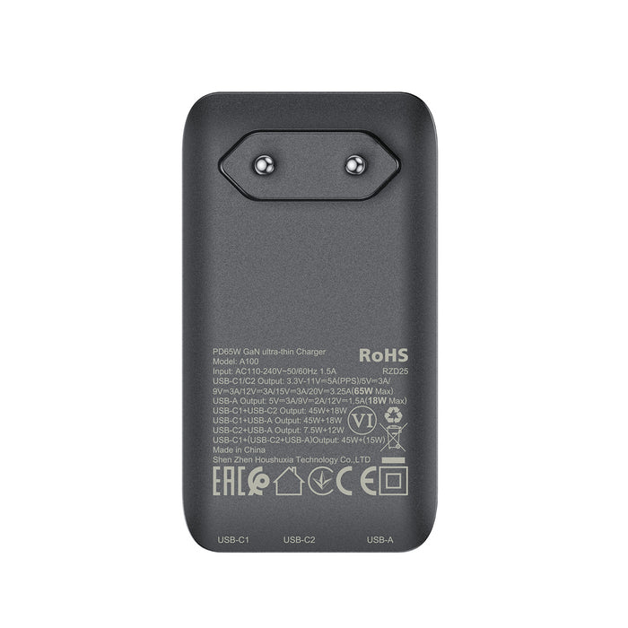 Acefast A100 65W GaN 2 USB-C+ USB-A Charger Ultra Slim - Black