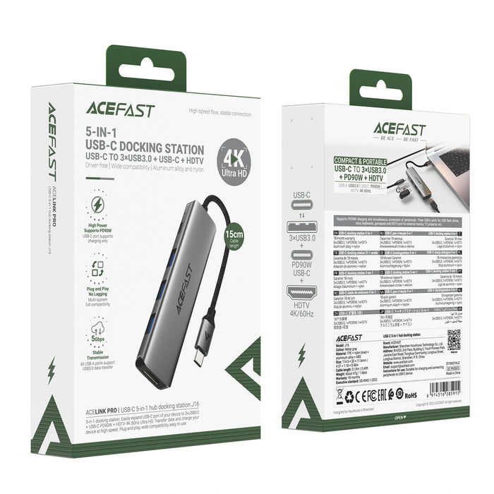 Acefast J16 USB Hub USB-C 5-in-1 HDMI 4K 60Hz PD90W Docking Station - Gray