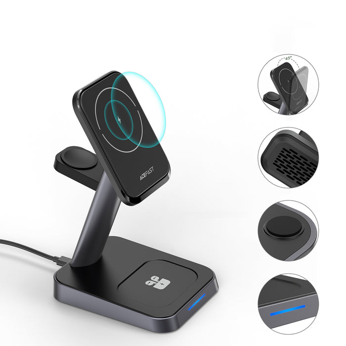 Acefast Qi Wireless Charger 15W for iPhone (with MagSafe), Apple Watch and Apple AirPods Stand Holder Magnetic Holder Black (E3 black)