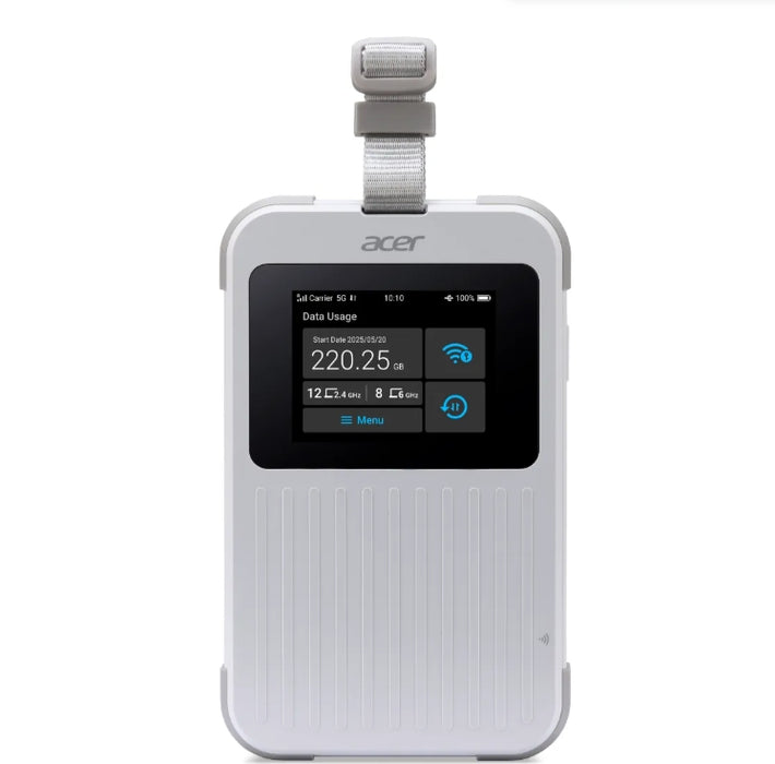 Acer Wi-Fi 5G Mobile Hotspot with Nano SIM (4FF), eSIM with up to 10 profiles, up to 20 connected devices using 6GHz, battery  8000mAh up to 28 hours high definition video streaming, 2.4'' Touchscreen with NFC, IP68 and MIL-STD-810