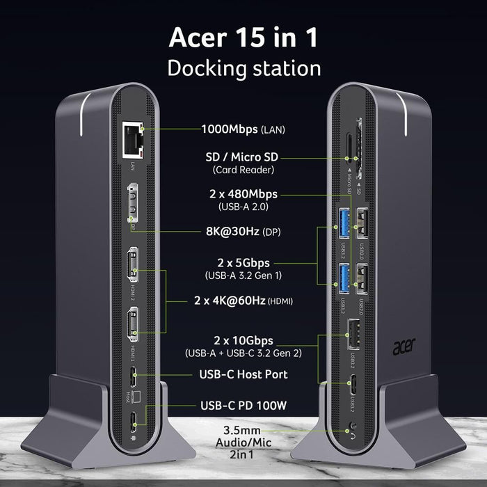 Acer Type C Universal docking station 15in1, 2 x HDMI 4K@60Hz, 1 x DP 8k@30Hz, 5 x USB A, 1 x USB C, 1 x RJ45, 1x SD /Micro SD, 1 x TF, 1 x Audio  3.5mm jack, Windows, ChromeOS, macOS, Gray