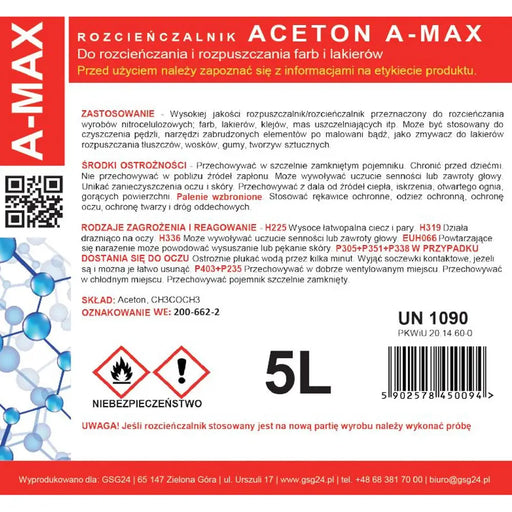 Acetone solvent remover A-MAX 5L - Hardware cleaners<<<HurtelXML