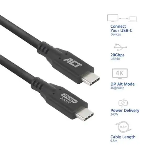 ACT Cable USB-C - USB-C 0.5 m / USB4 20Gbps 240W - Кабели за мобилни