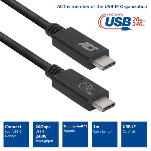 ACT Cable USB-C - USB-C 1 m / USB4 20Gbps 240W certified USB-IF - Кабели за мобилни