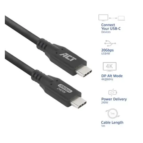 ACT Cable USB-C - USB-C 1 m / USB4 20Gbps 240W - Кабели за мобилни