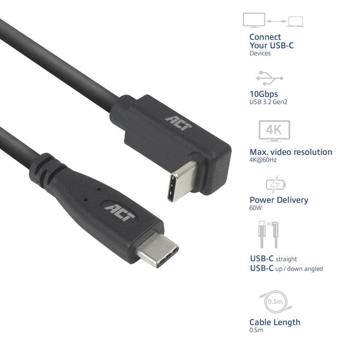ACT Cable USB-C - USB-C, 10Gbps, 60W, 0.5 m, connectors - 1x straight and 1x at 90° up/down angled