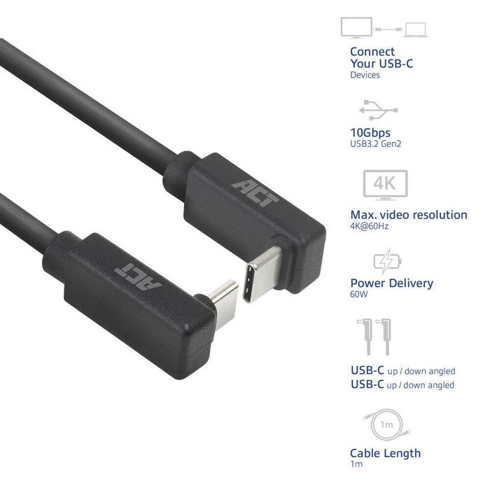 ACT Cable USB-C 10Gbps, 60W, 1m, 90° up/down angled connectors