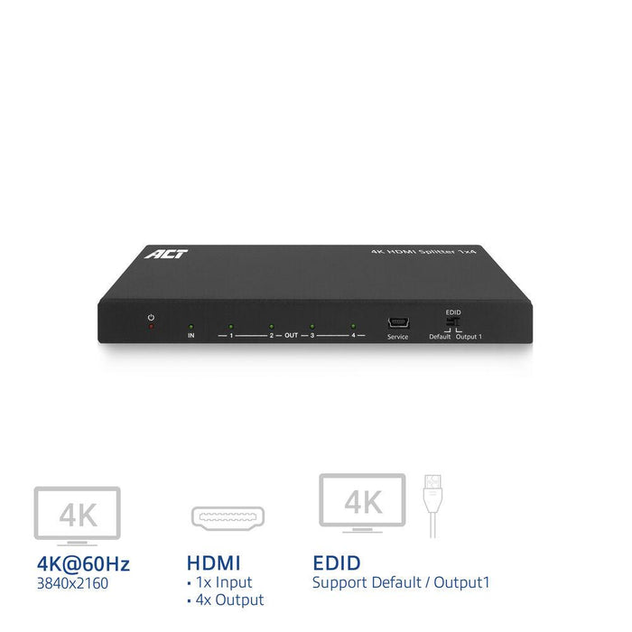 ACT HDMI Splitter AC7832 4K HDMI splitter, 1 input, 4 HDMI outputs