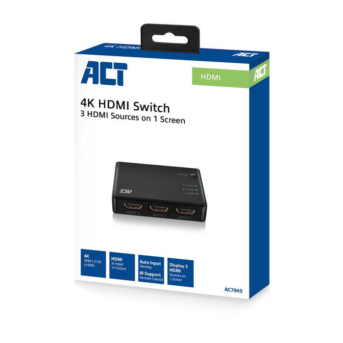 3 port HDMI switch ACT , 4K@60Hz, USB, Remote, Black
