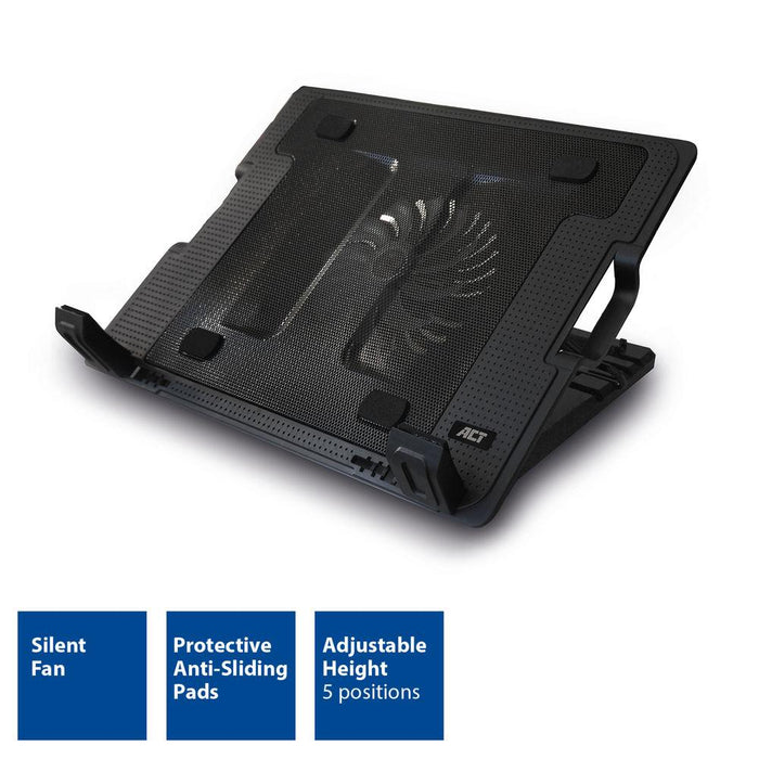 ACT Laptop Cooler, Up to 17", Single Fan, 2 x USB Hub, Black