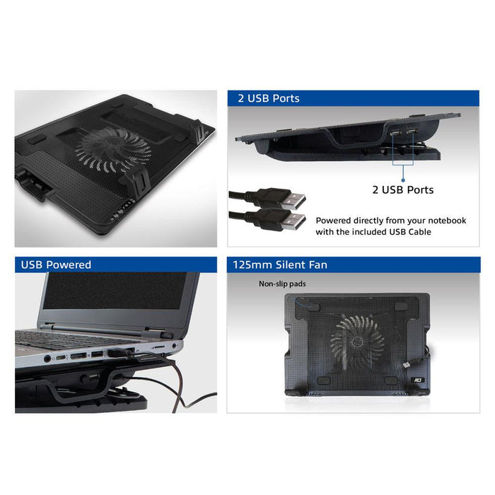 ACT Laptop Cooler, Up to 17", Single Fan, 2 x USB Hub, Black