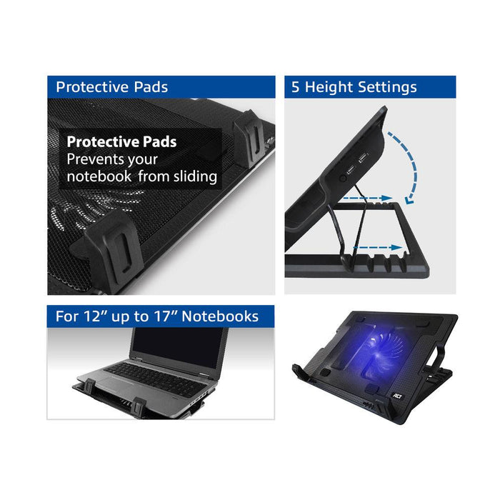 ACT Laptop Cooler, Up to 17", Single Fan, 2 x USB Hub, Black