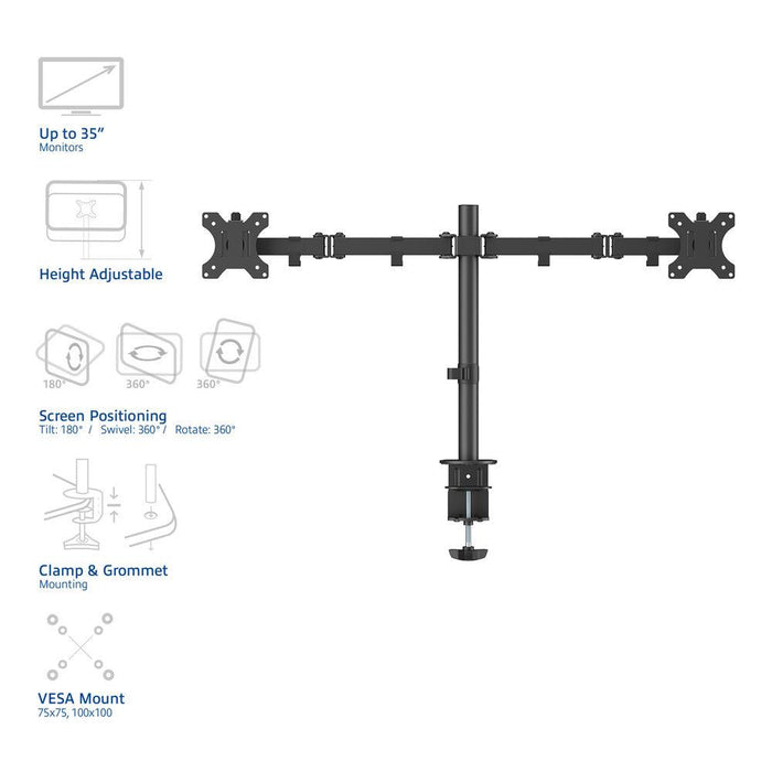 ACT AC8302 2-Monitor Stand, Desk Mount, Adjustable, 35", 2x8 kg, Black