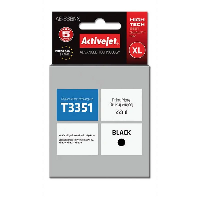 Activejet AE-33BNX Ink cartridge (replacement for Epson 33XL T3351; Supreme; 22 ml; black) - For Epson printers