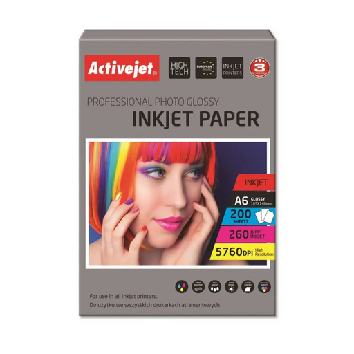 Activejet AP6-260GR200 Glossy photo paper; ideal for printing photos colorful memories 10x15; (A6; 200 pcs.)
