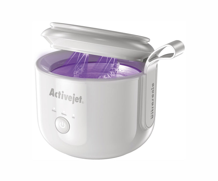Activejet AUC-198 cordless ultrasonic UV cleaner. For dentures, braces, and jewelry, white.