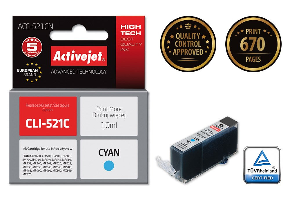 Activejet ACC-521CN Ink cartridge (replacement for Canon CLI-521C; Supreme; 10 ml; cyan)