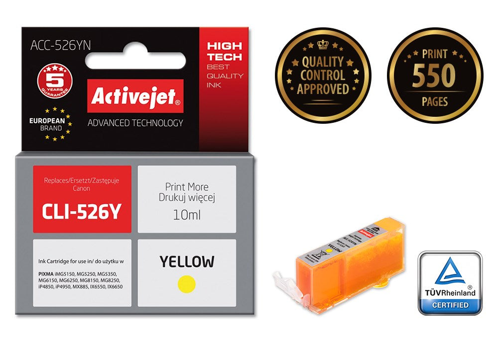 Activejet ACC-526YN Ink cartridge (replacement for Canon CLI-526Y; Supreme; 10 ml; yellow)