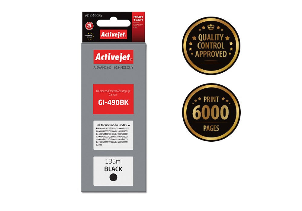 Activejet AC-G490Bk Ink (replacement for Canon GI-490BK; Supreme; 135 ml; 6000 pages, black)