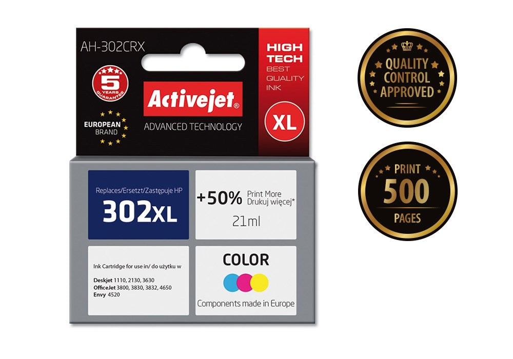 Activejet AH-302CRX Ink (replacement for HP 302XL F6U67AE; Premium; 21 ml; 500 pages, color)