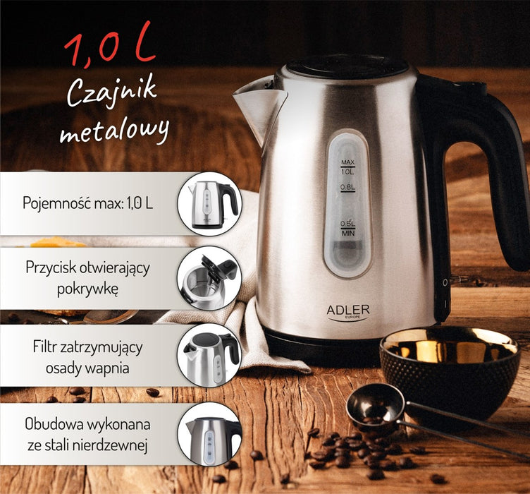 Adler AD 1273 electric kettle 1 L 1200 W Black, Hazelnut, Stainless steel