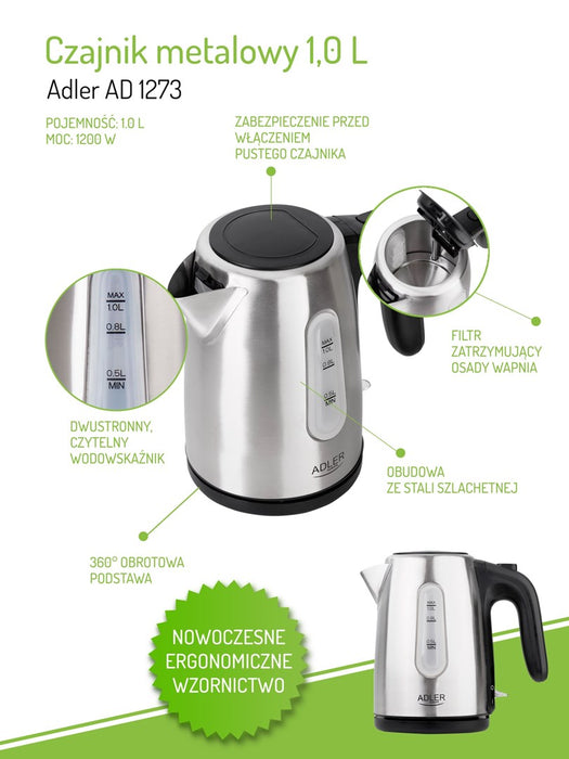 Adler AD 1273 electric kettle 1 L 1200 W Black, Hazelnut, Stainless steel
