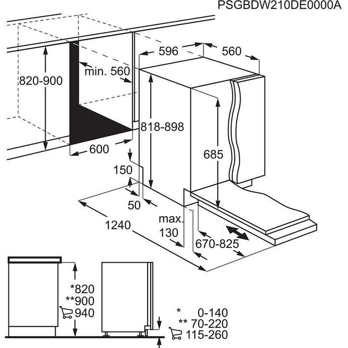 Built-in dishwasher AEG FSE75768P, 14 place settings, B, 600 W, mm