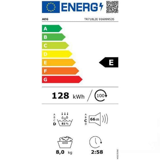 Dryer AEG TR718L2E, 8 kg, E, Heat pump