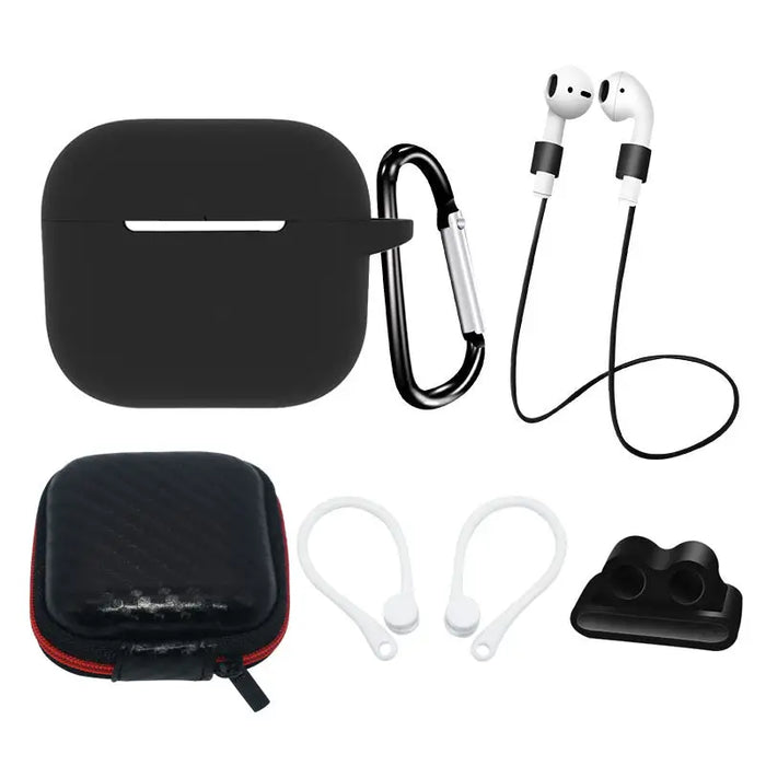 AirPods 3 Silicone Case Set + Case/Ear Hook/Neck Strap/Watch Strap Holder/Carabiner Clasp - black - Cell phone cases