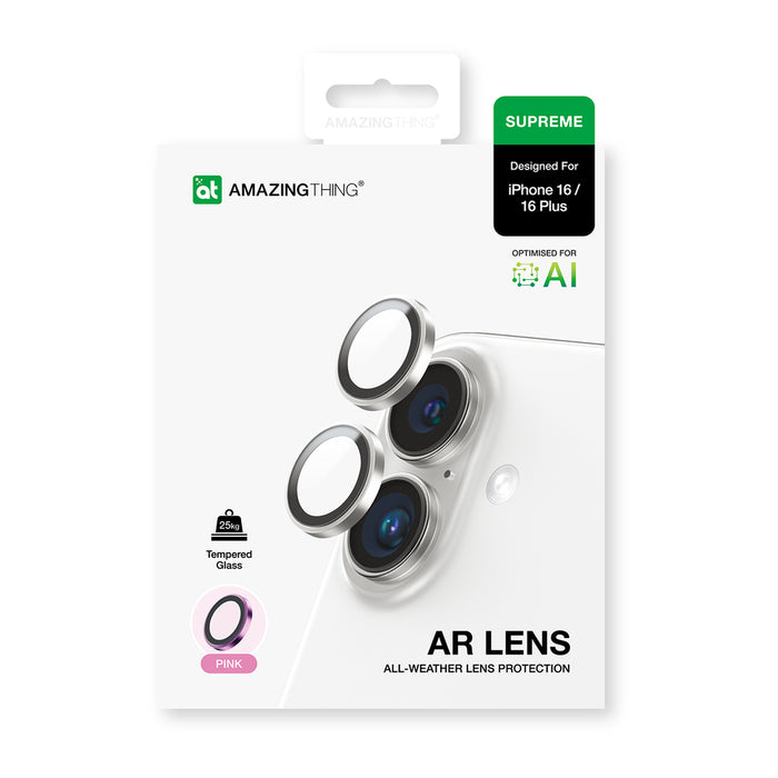 AmazingThing AR Aluminum 2 Lens Glass with Camera Lens Frame for iPhone 16 / 16 Plus - Pink
