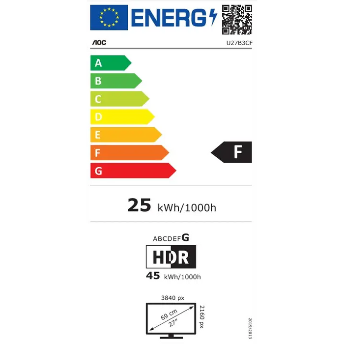 AOC U27B3A 27’’ IPS WLED 3840x2160@60Hz 4ms GtG 350cd m/2 1000:1 DCR 20M:1 Adaptive Sync FlickerFree Low Blue Light