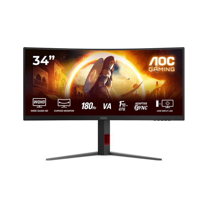 AOC CU34G4, 34" Curved 1500R VA WLED, 3440x1440@180Hz, 1ms GtG, 0.5ms MPRT, 300cd m/2, 2500:1, 80M:1 DCR, Adaptive Sync, FlickerFree, Low Blue Light, Tilt, Height Adjust, Swivel, 2xHDMI, DP