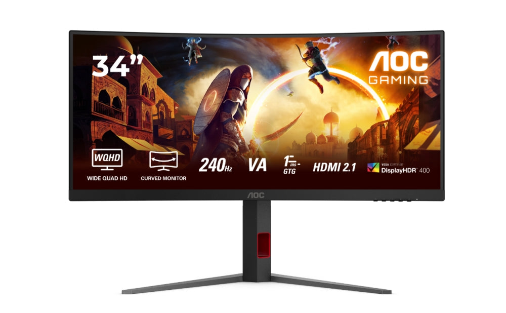 AOC CU34G4Z, 34" Curved 1500R, VA, WLED, 3440x1440@240Hz, 1ms GtG, 0.3ms MPRT, 450cd m/2, 2500:1, 80M:1 DCR, Adaptive Sync, FlickerFree, Low Blue Light, Tilt, Height Adjust, Pivot, Swivel, 2xHDMI, DP, USB hub