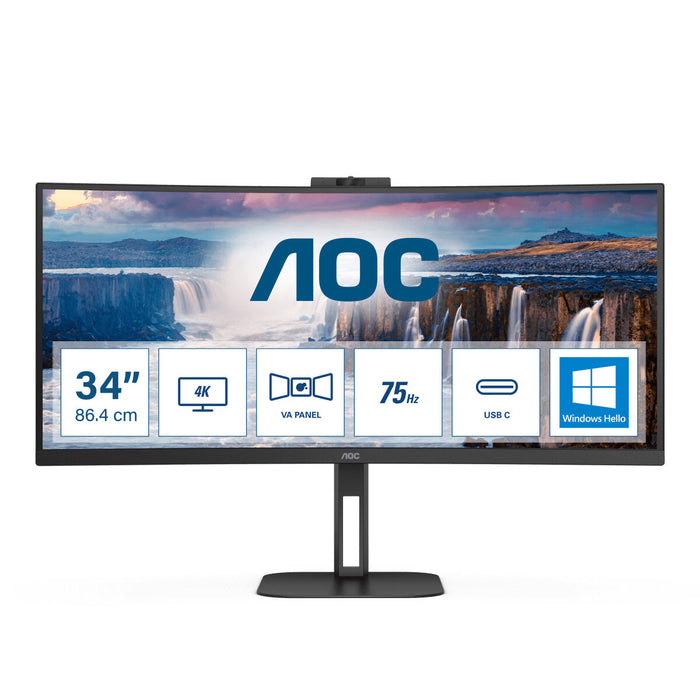 AOC CU34V5CW/BK, 34" Curved 1500R, VA, WLED, 3440x1440@100Hz, 4ms GtG, 1ms MPRT, 300cd m/2, 3000:1, 20M:1 DCR, Adaptive Sync, FreeSync, Low Blue Light, 5Wx2, 2MP Webcam, Tilt, Height Adjust, Swivel, HDMI, DP, USB hub