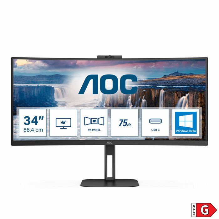AOC CU34V5CW/BK, 34" Curved 1500R, VA, WLED, 3440x1440@100Hz, 4ms GtG, 1ms MPRT, 300cd m/2, 3000:1, 20M:1 DCR, Adaptive Sync, FreeSync, Low Blue Light, 5Wx2, 2MP Webcam, Tilt, Height Adjust, Swivel, HDMI, DP, USB hub