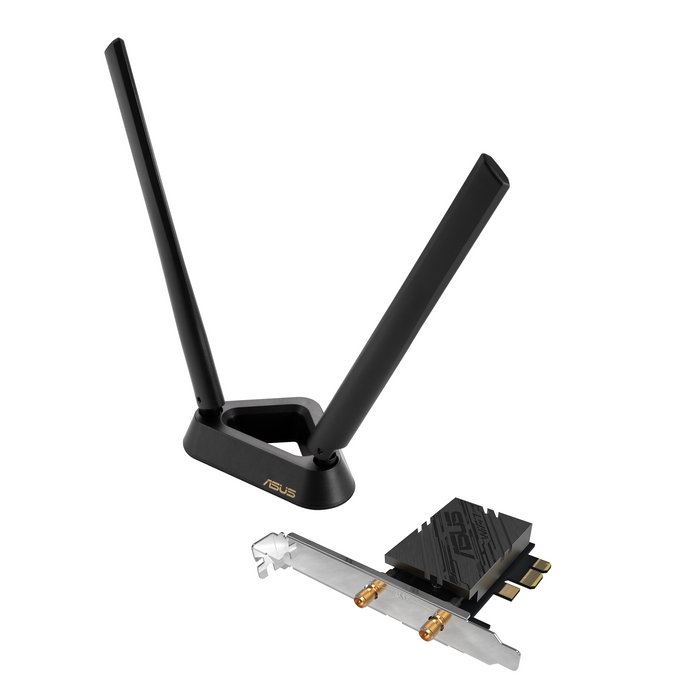 ASUS PCE-BE92BT WiFi 7 PCI-e wireless adapter with two external antennas and Bluetooth 5.4