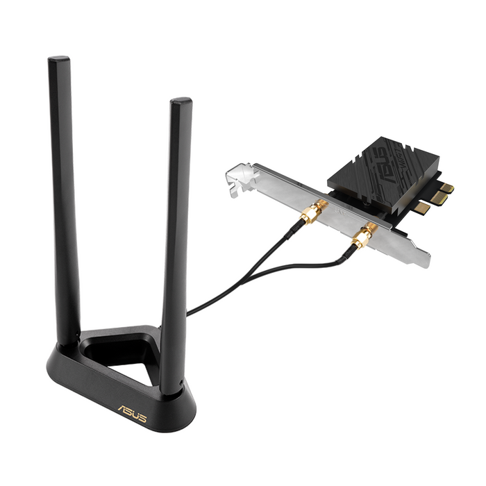 ASUS PCE-BE92BT WiFi 7 PCI-e wireless adapter with two external antennas and Bluetooth 5.4