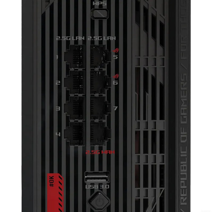 Asus Gaming Wireless Router ROG Strix GS-BE18000, Tri-Band, 320MHz bandwidth & 4096-QAM, Quad-Core 2.6GHz CPU, 256MB/2GB Flash/RAM, 8 x 2.5G port, AiProtection Pro, open NAT, VPN Fusion, 8 x SSIDs, IPTV, MU-MIMO, Beamforming, RGB, AiMesh
